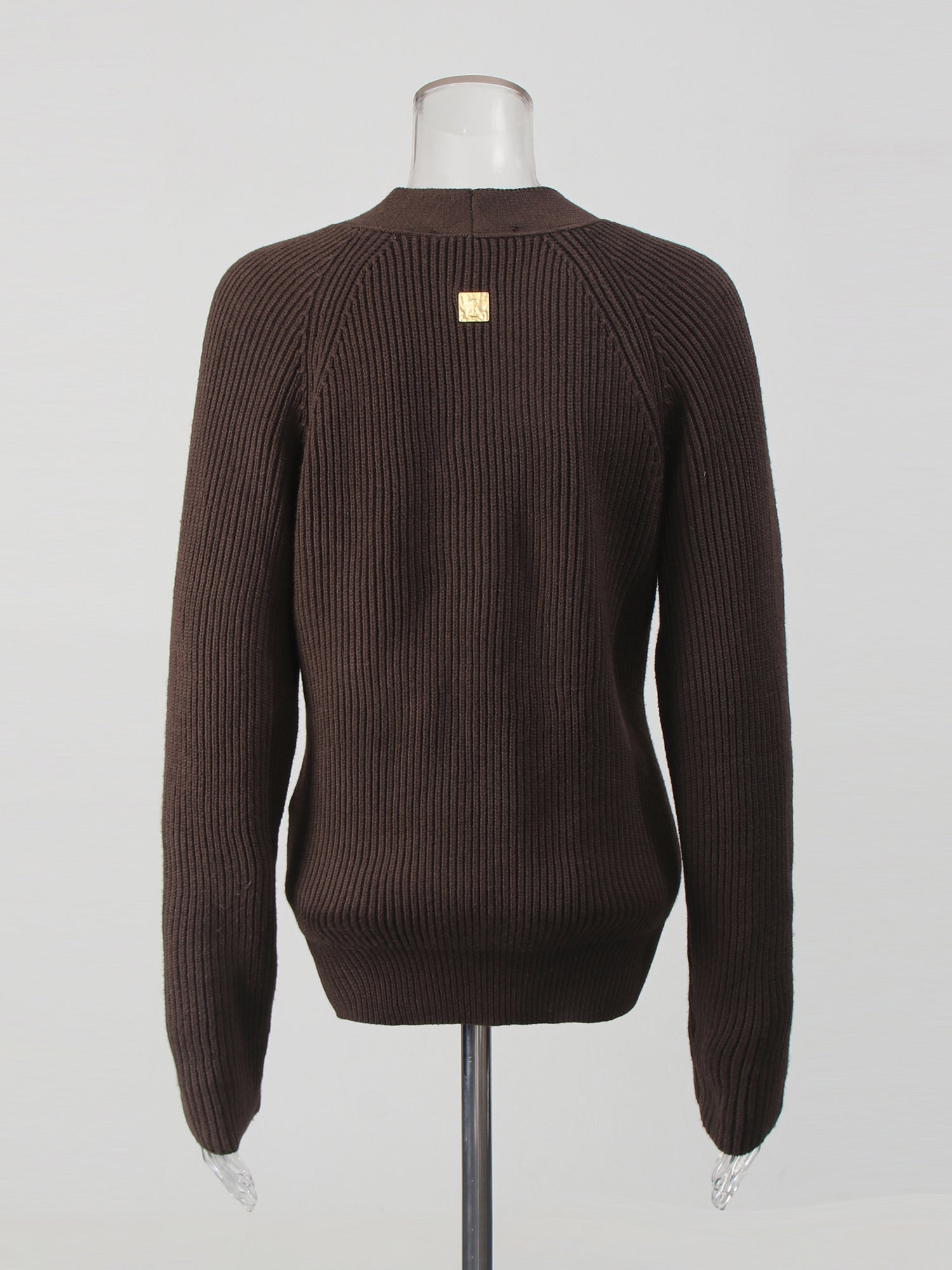 Coffee Ribbed Cardigan with Decorative Gold Buttons - SISPELL