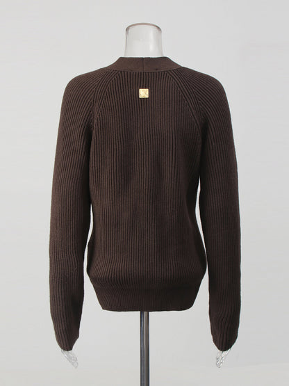 Coffee Ribbed Cardigan with Decorative Gold Buttons - SISPELL