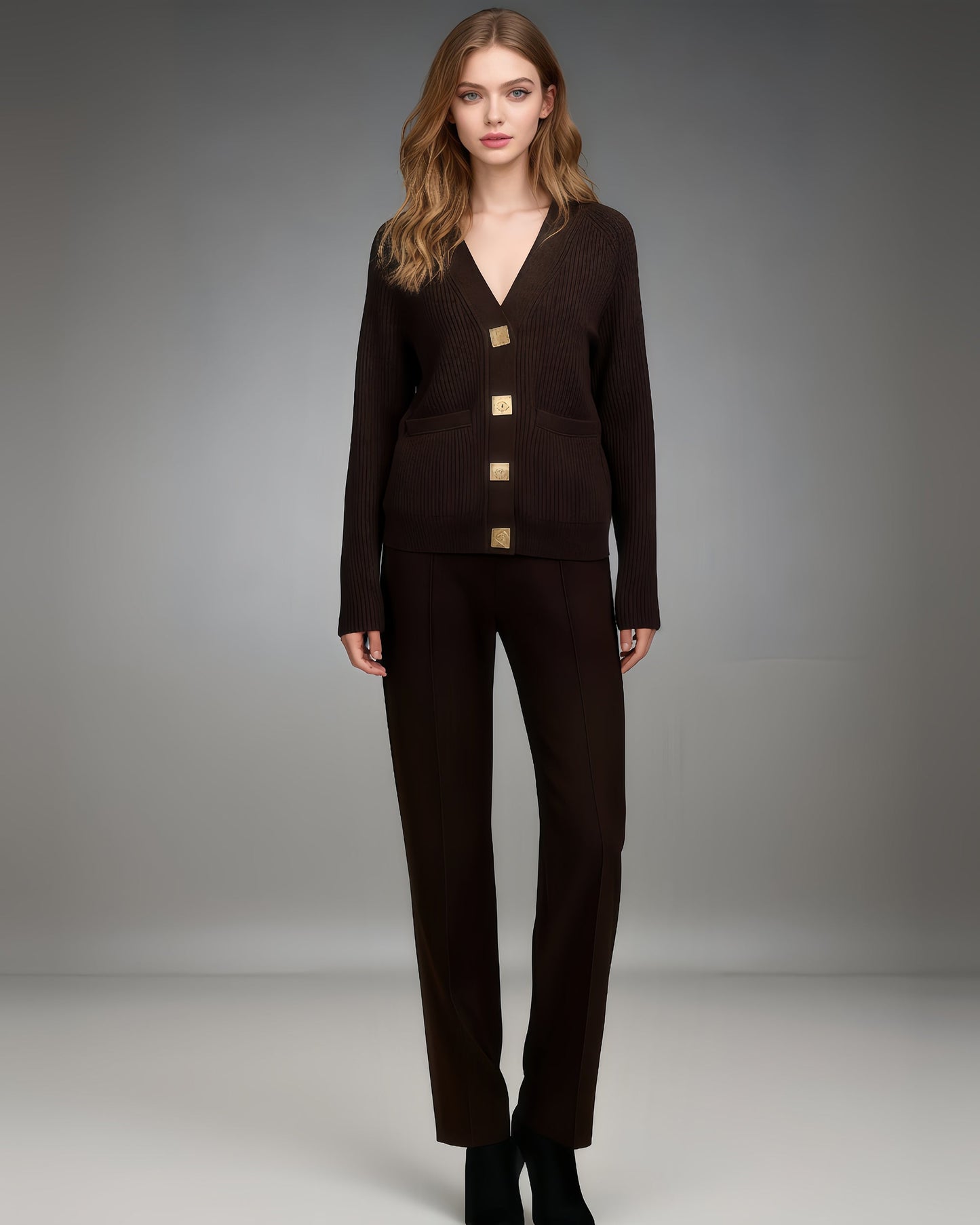 Coffee Ribbed Cardigan with Decorative Gold Buttons - SISPELL