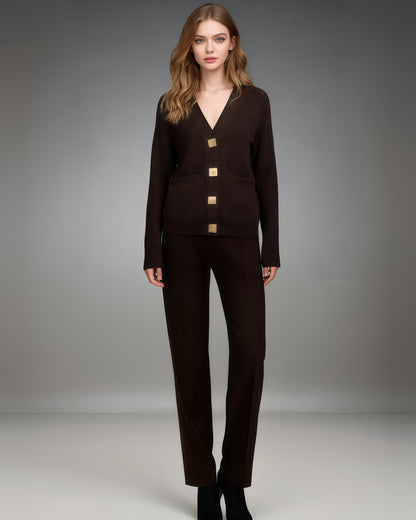 Coffee Ribbed Cardigan with Decorative Gold Buttons - SISPELL