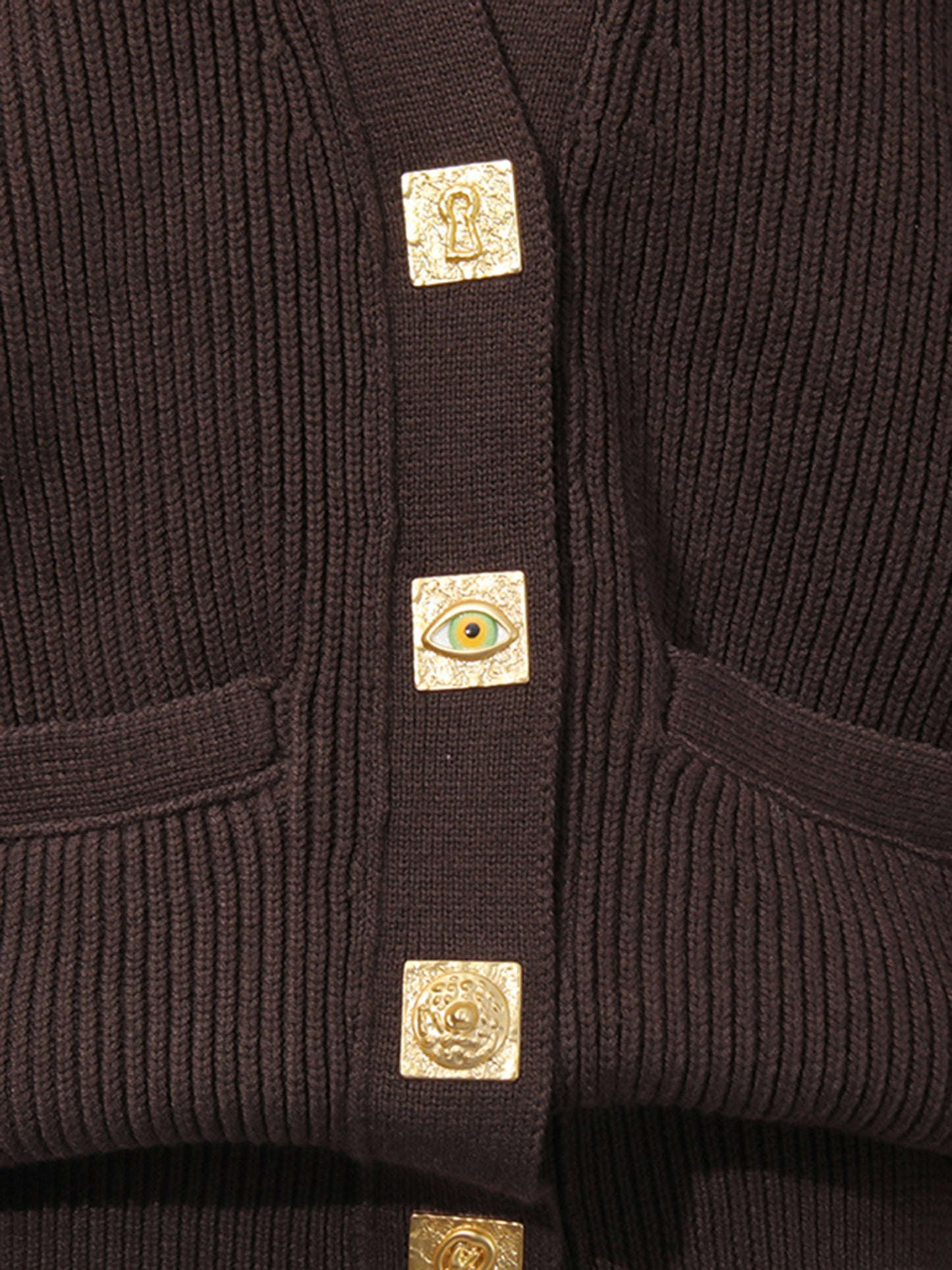 Coffee Ribbed Cardigan with Decorative Gold Buttons - SISPELL