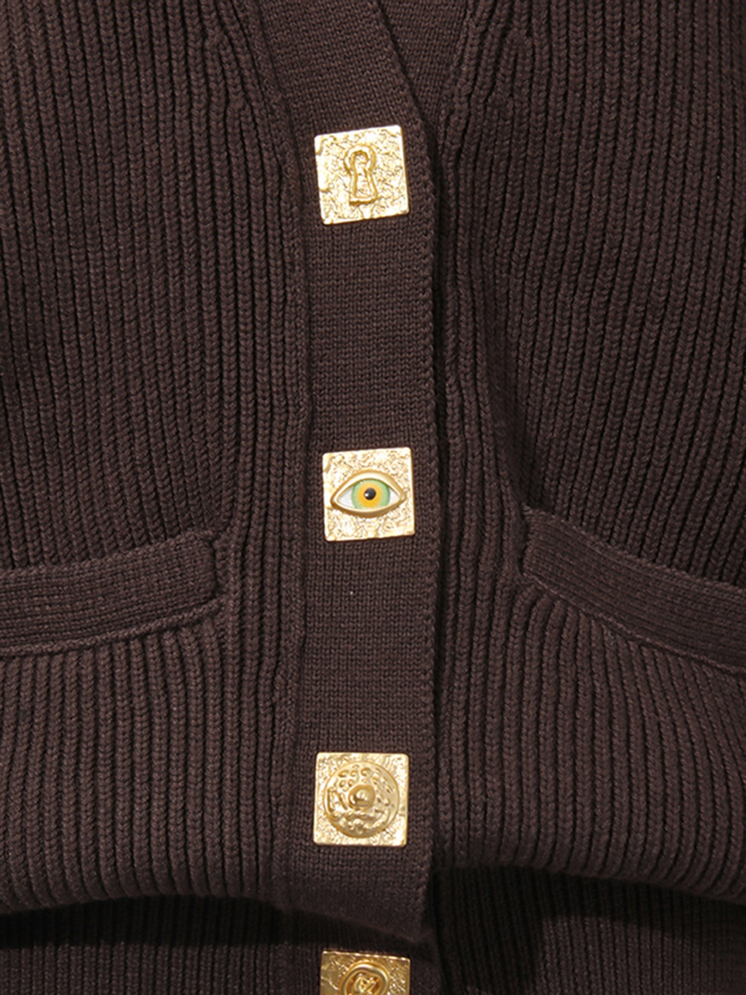 Coffee Ribbed Cardigan with Decorative Gold Buttons - SISPELL