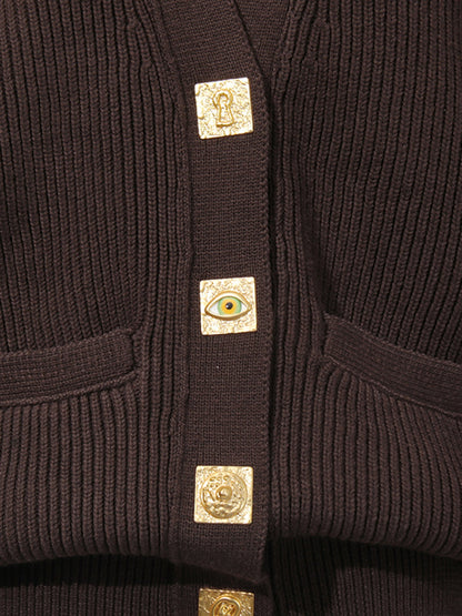 Coffee Ribbed Cardigan with Decorative Gold Buttons - SISPELL