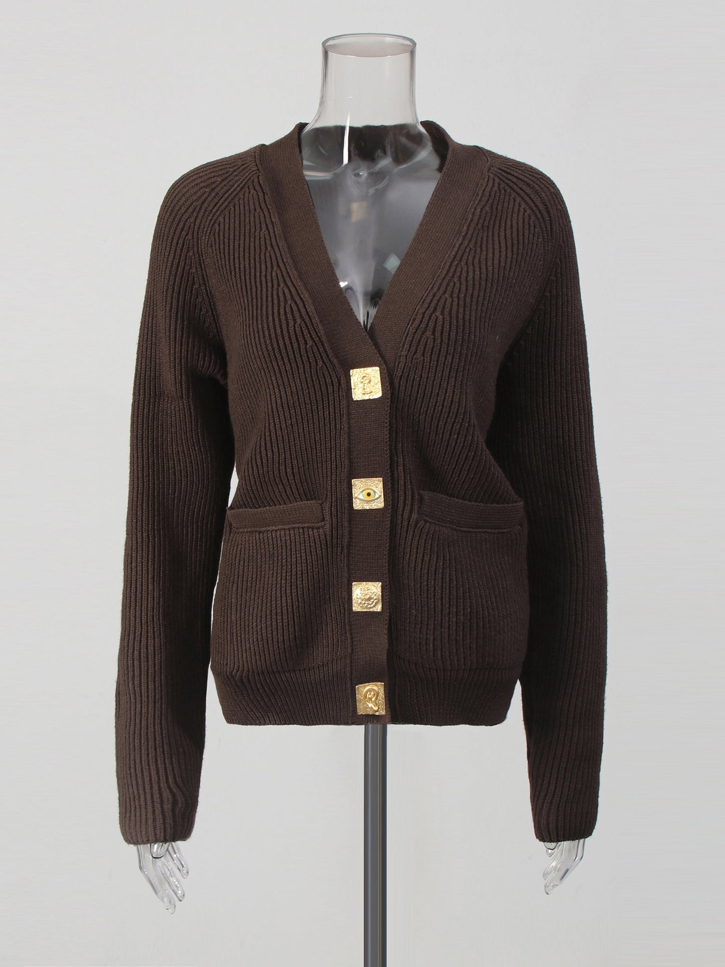 Coffee Ribbed Cardigan with Decorative Gold Buttons - SISPELL