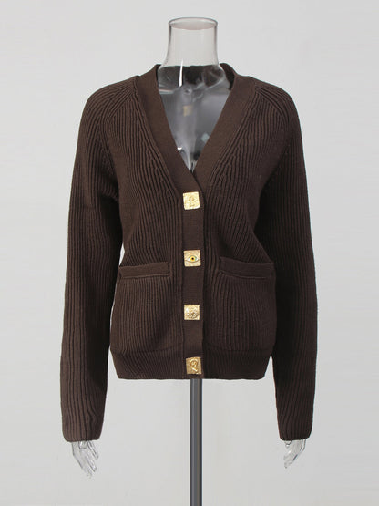 Coffee Ribbed Cardigan with Decorative Gold Buttons - SISPELL