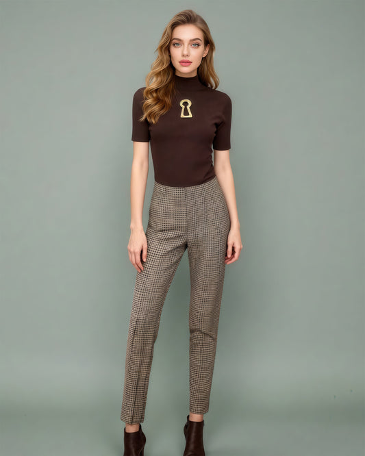 Coffee Ribbed Knit Top with Gold Keyhole Cutout - SISPELL