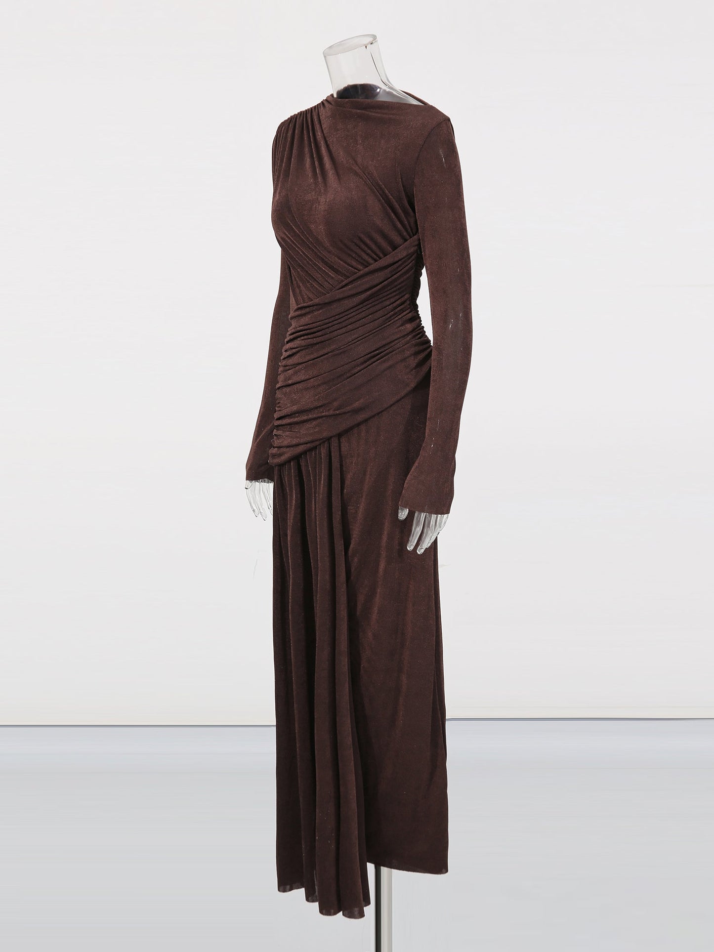 Coffee Ruched Long Sleeve Maxi Dress - SISPELL