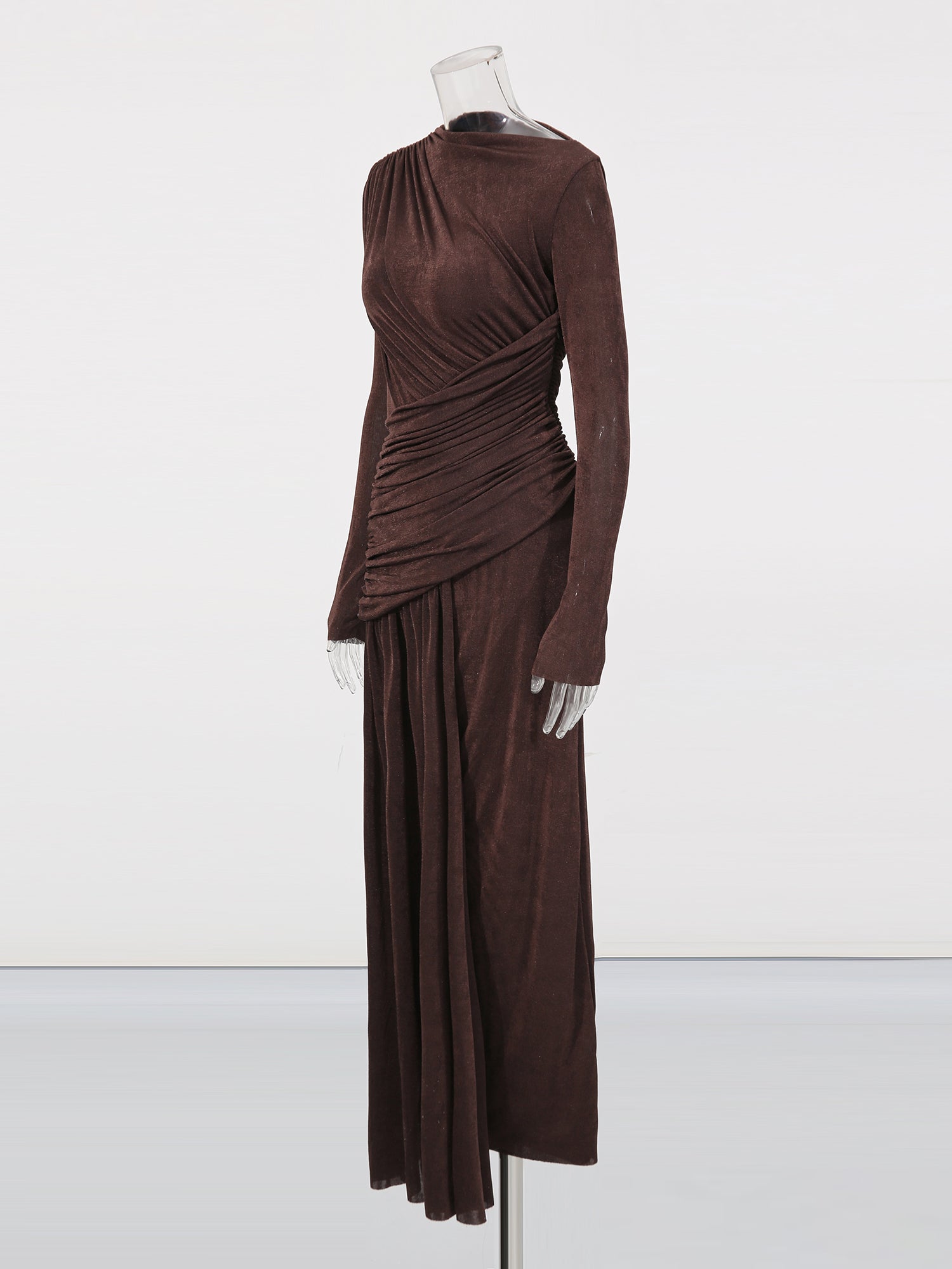 Coffee Ruched Long Sleeve Maxi Dress - SISPELL