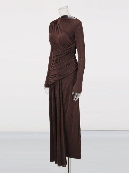 Coffee Ruched Long Sleeve Maxi Dress - SISPELL