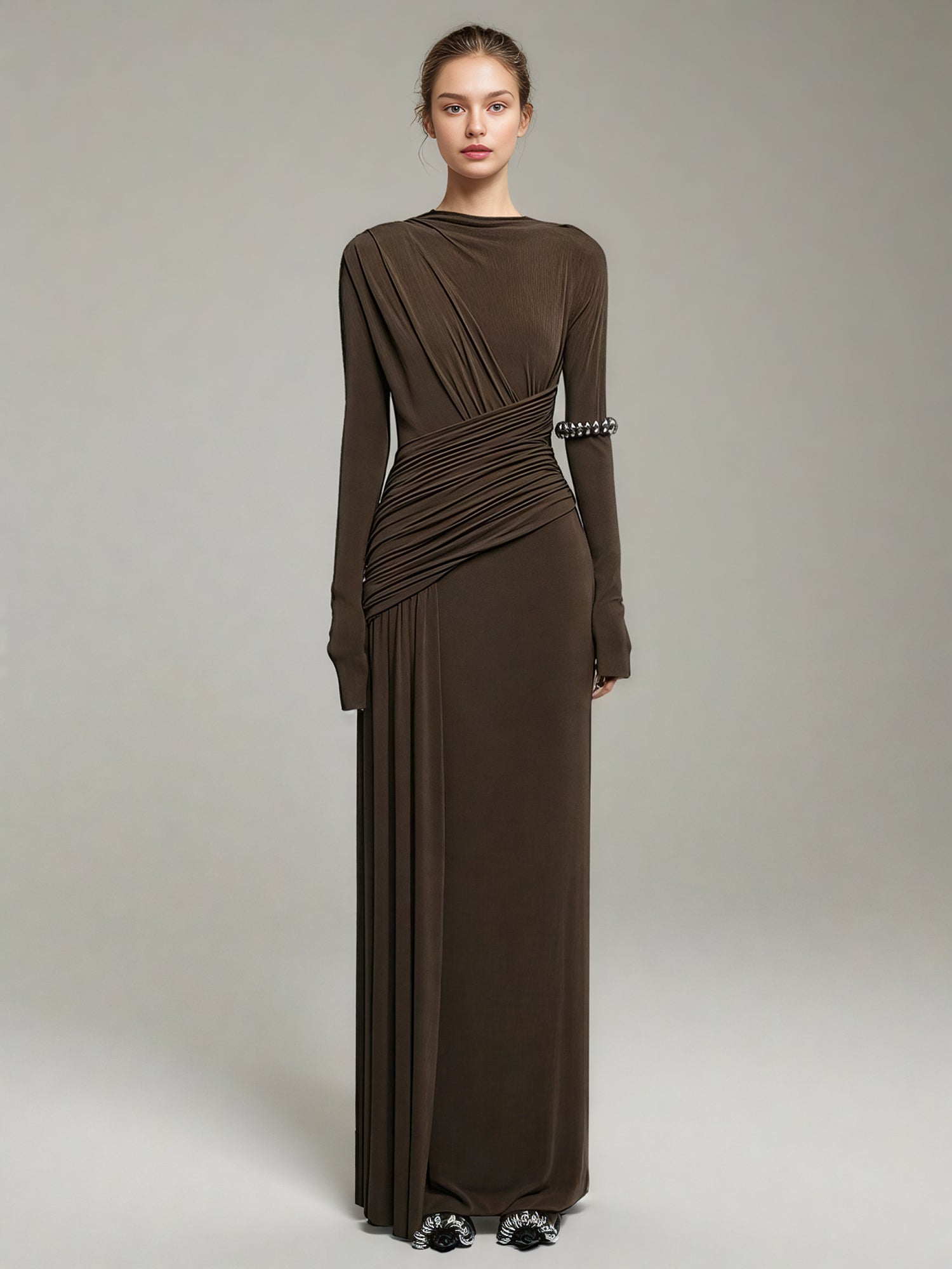 Coffee Ruched Long Sleeve Maxi Dress - SISPELL