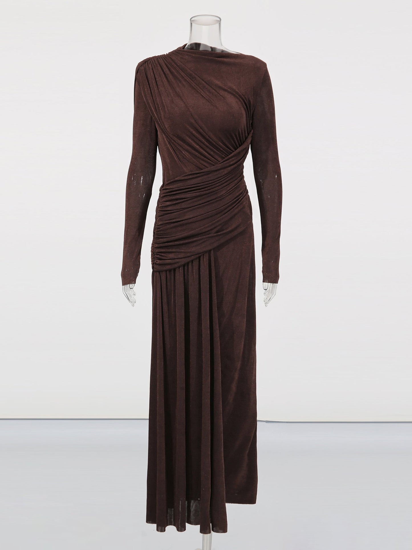 Coffee Ruched Long Sleeve Maxi Dress - SISPELL