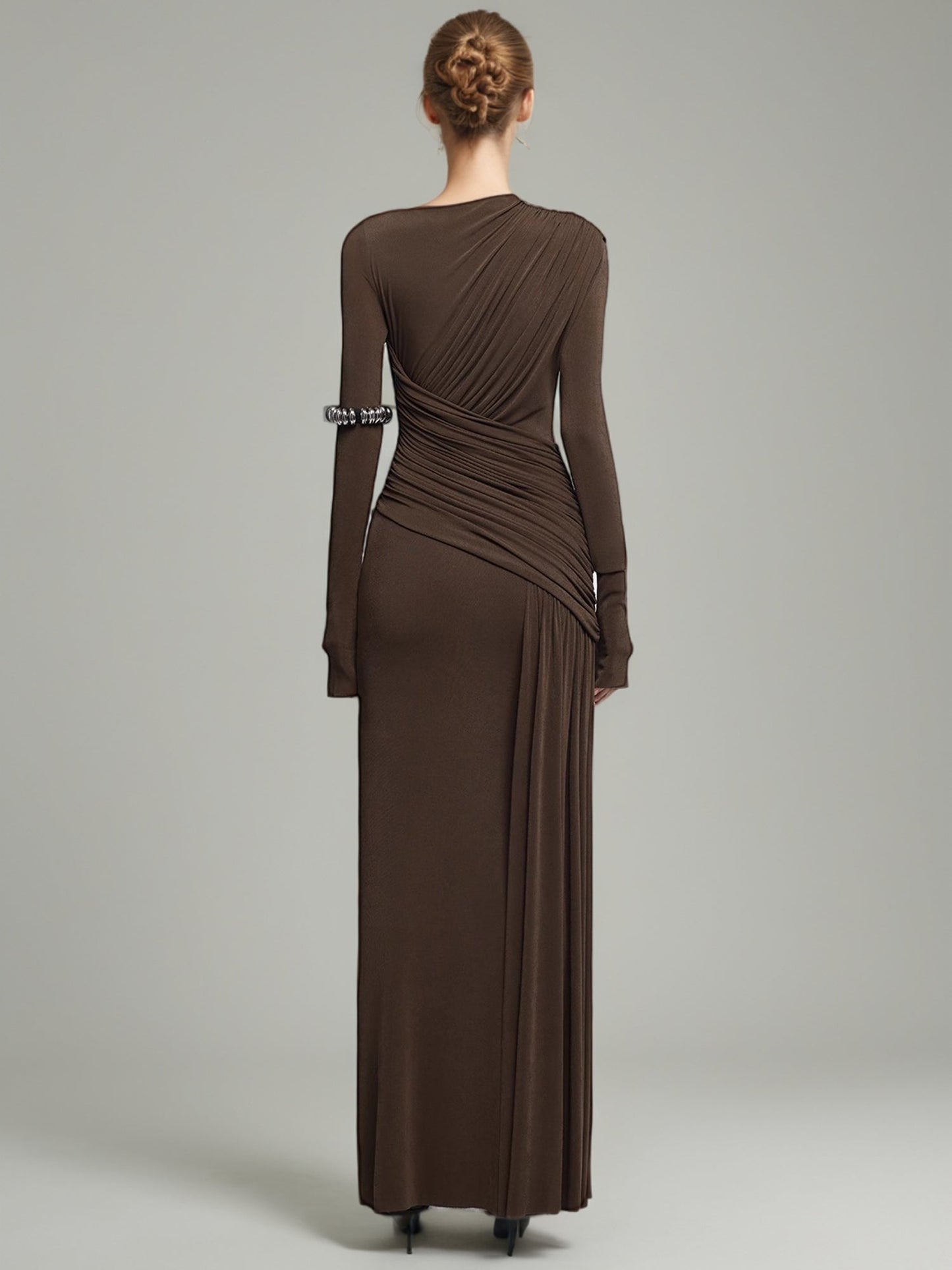 Coffee Ruched Long Sleeve Maxi Dress - SISPELL