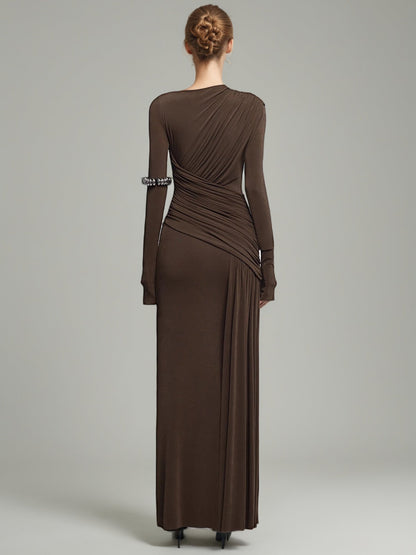 Coffee Ruched Long Sleeve Maxi Dress - SISPELL