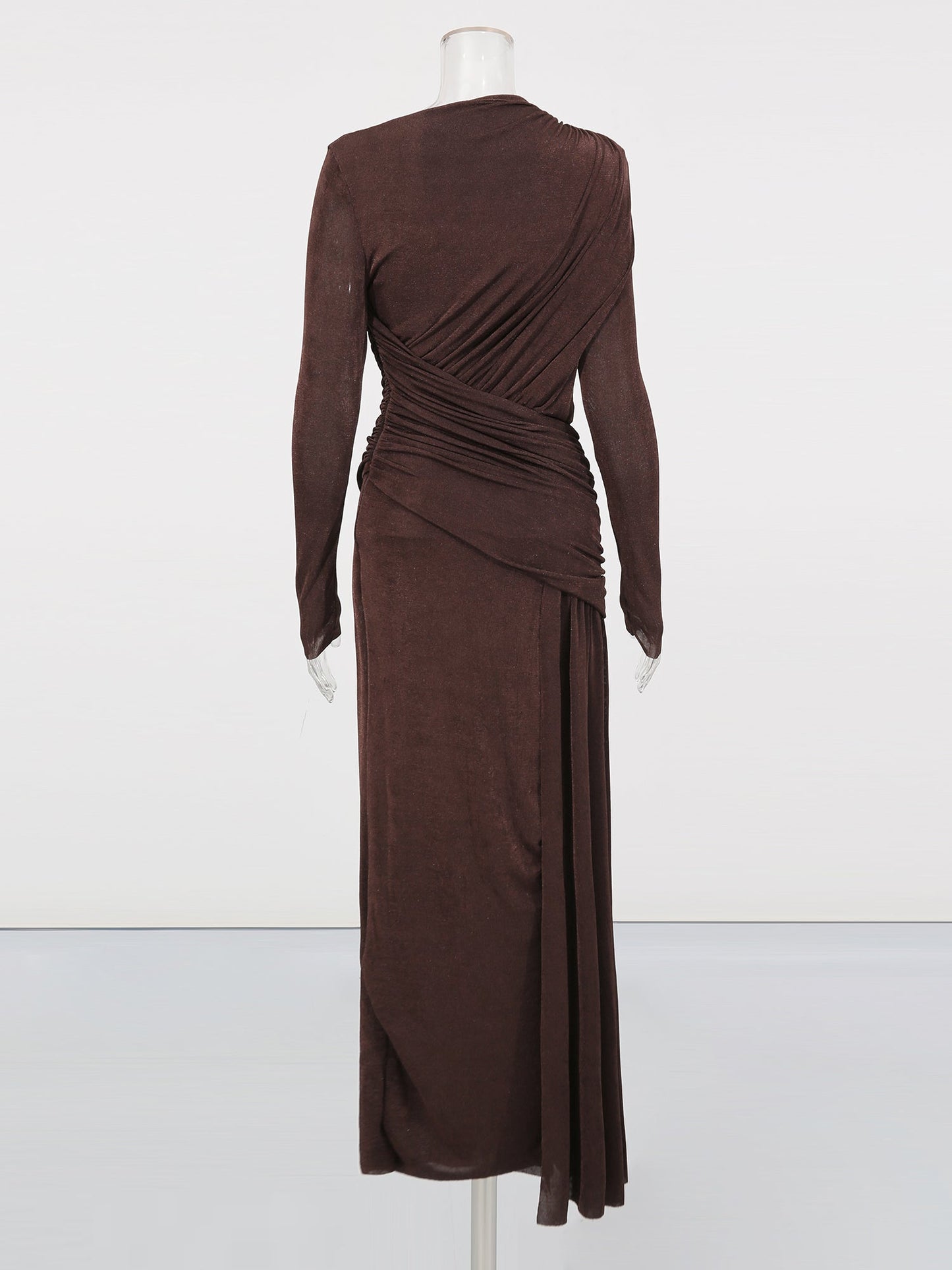Coffee Ruched Long Sleeve Maxi Dress - SISPELL