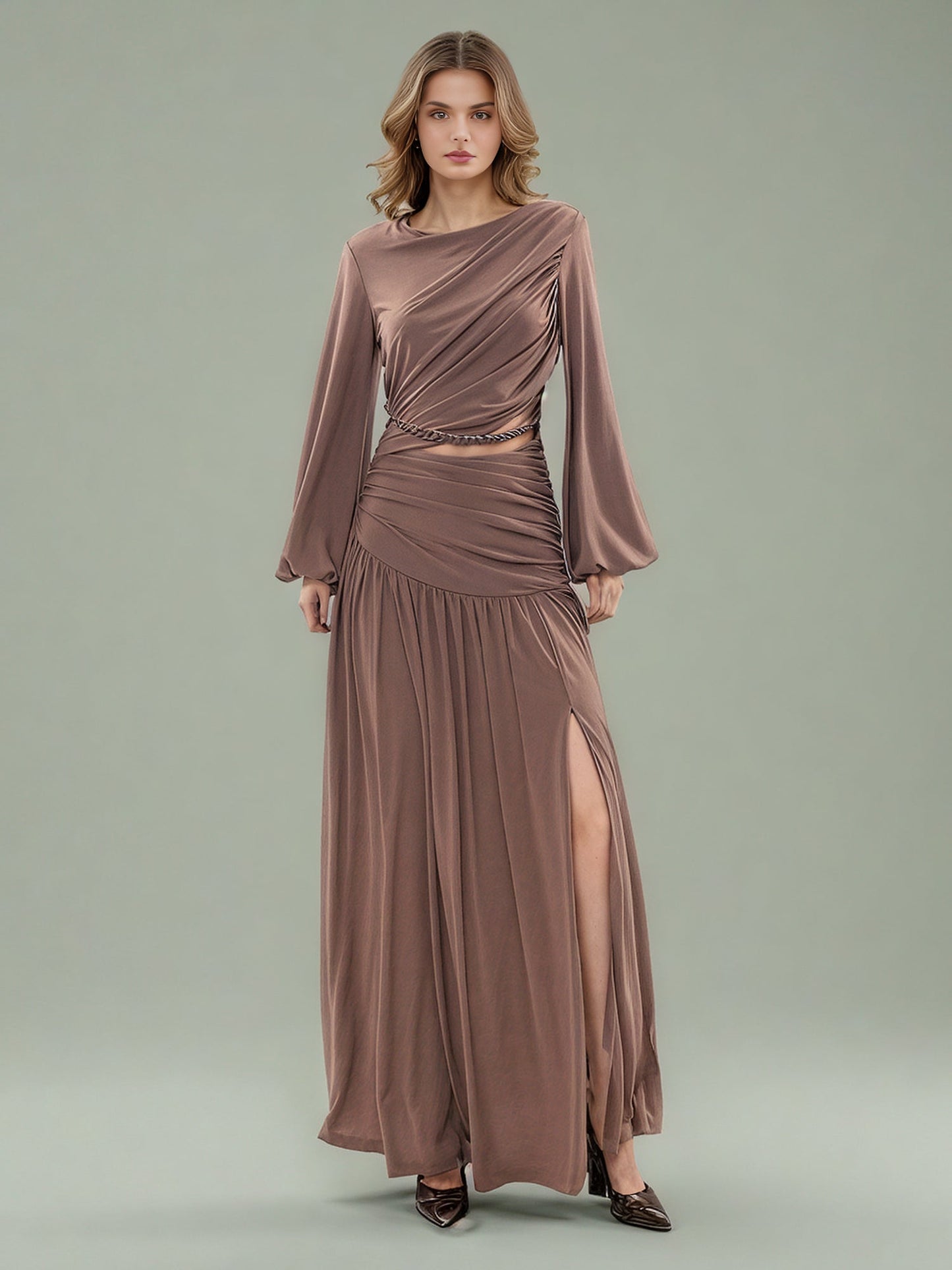 Coffee Ruched Maxi Dress with Cutout Waist - SISPELL