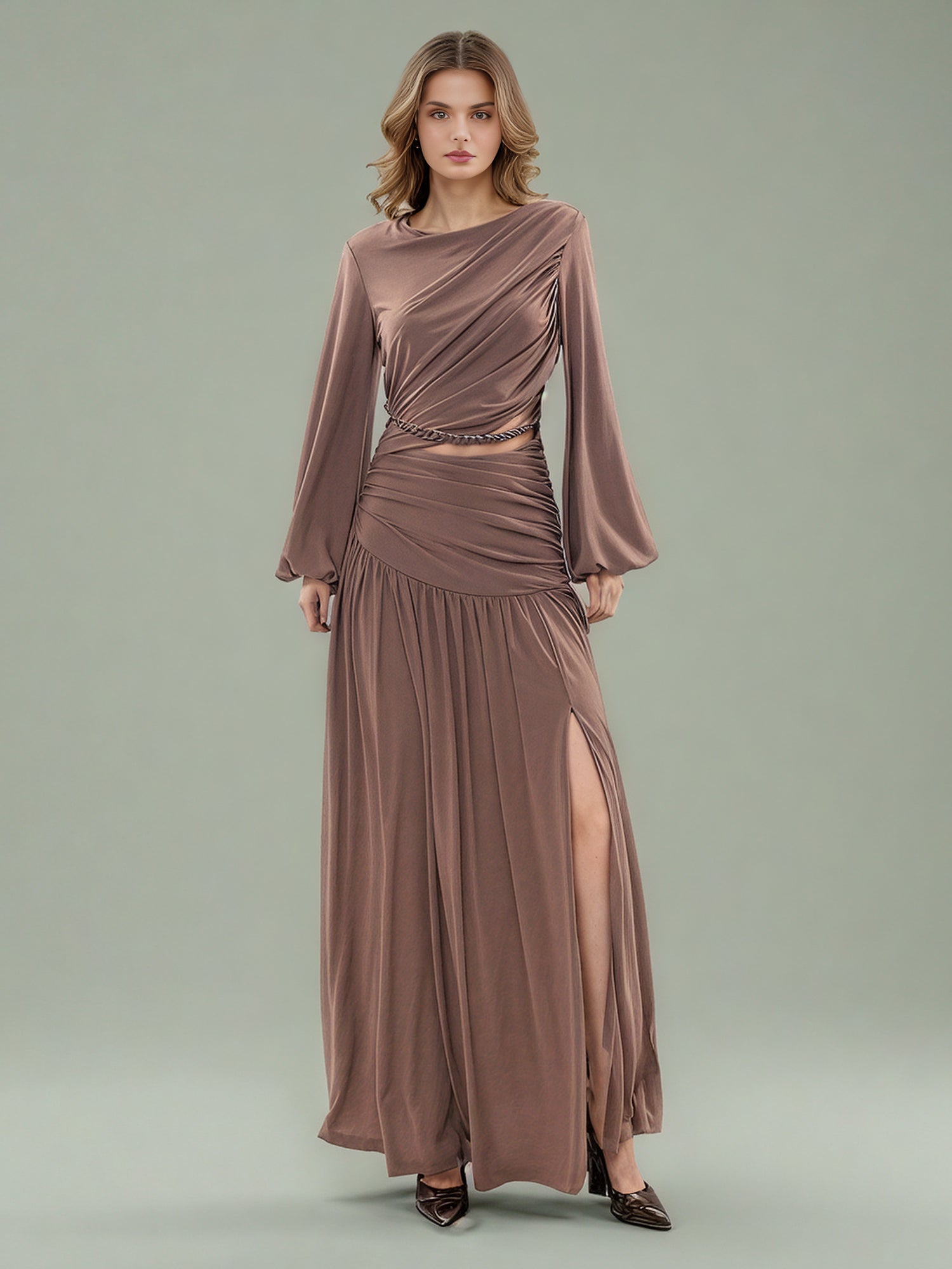 Coffee Ruched Maxi Dress with Cutout Waist - SISPELL