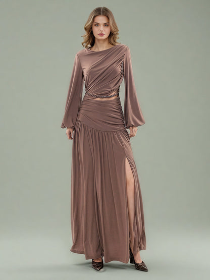 Coffee Ruched Maxi Dress with Cutout Waist - SISPELL