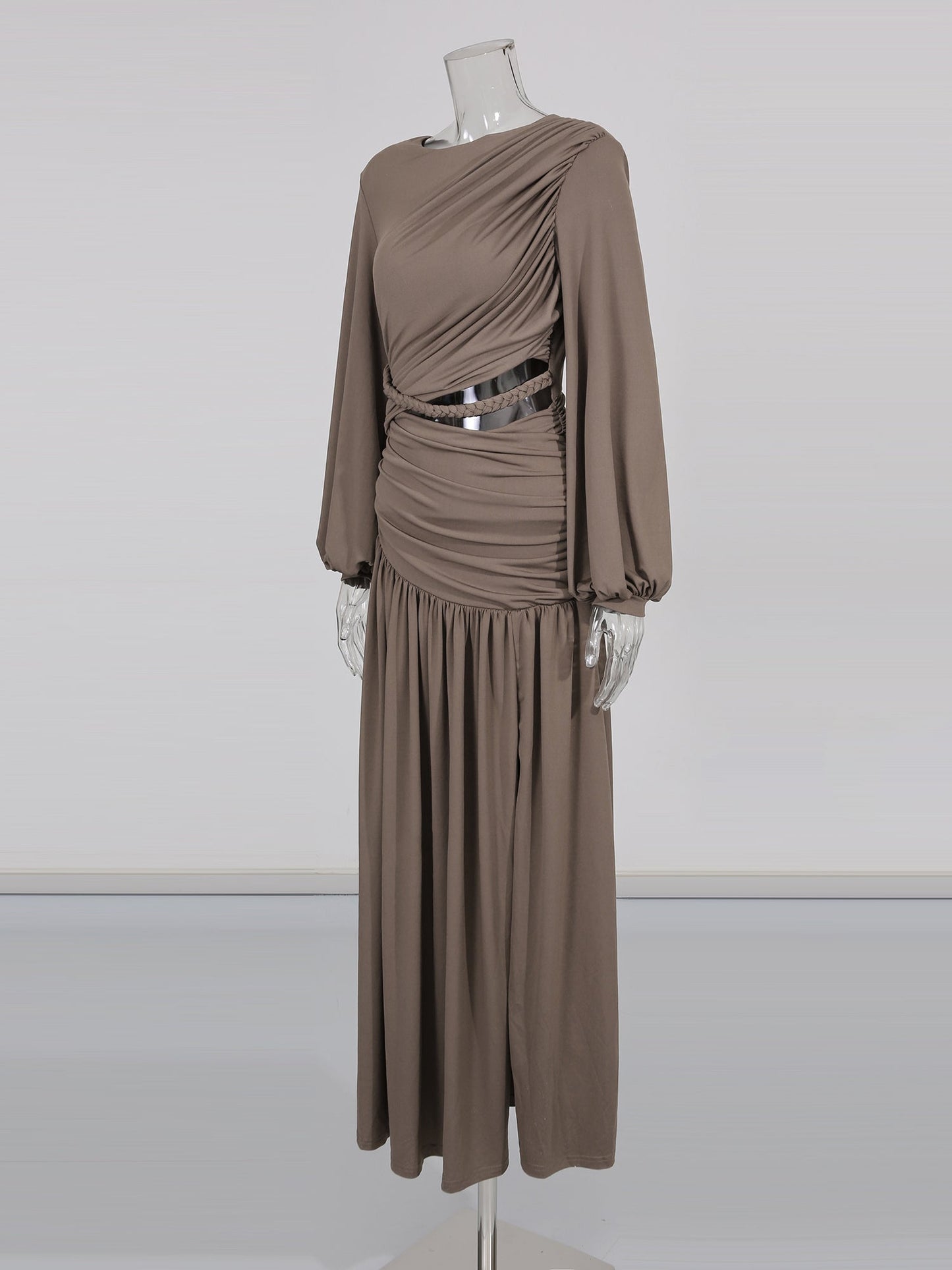 Coffee Ruched Maxi Dress with Cutout Waist - SISPELL