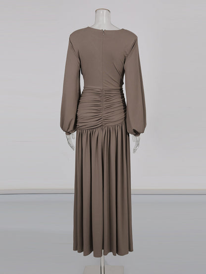 Coffee Ruched Maxi Dress with Cutout Waist - SISPELL