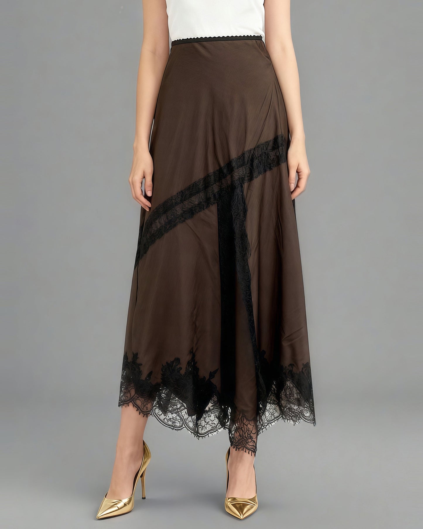 Coffee Satin Maxi Skirt with Black Lace - SISPELL