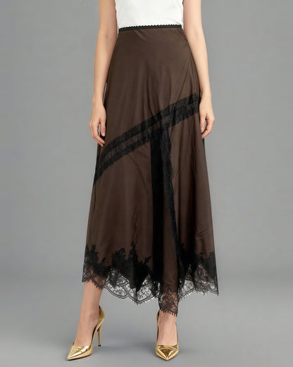 Coffee Satin Maxi Skirt with Black Lace - SISPELL