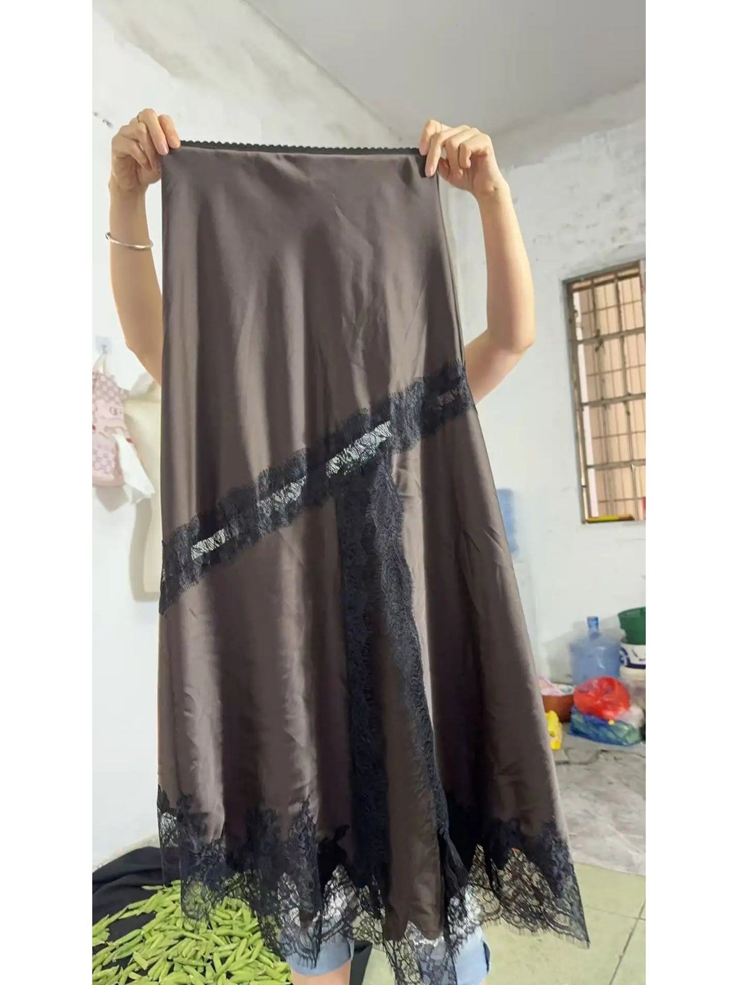 Coffee Satin Maxi Skirt with Black Lace - SISPELL