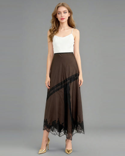 Coffee Satin Maxi Skirt with Black Lace - SISPELL