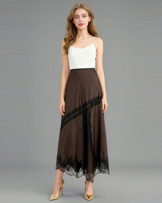 Coffee Satin Maxi Skirt with Black Lace - SISPELL
