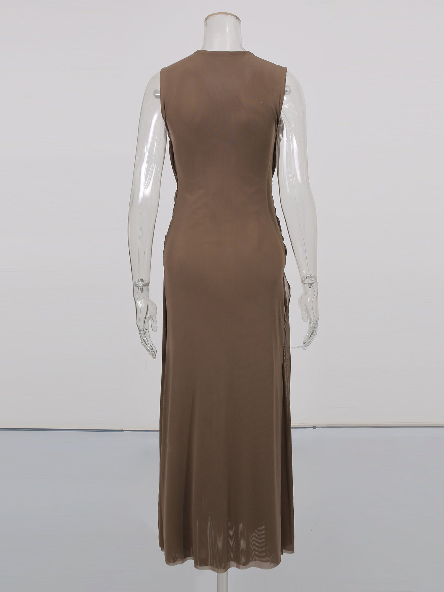 Coffee Sleeveless Knotted Ruched Maxi Dress - SISPELL