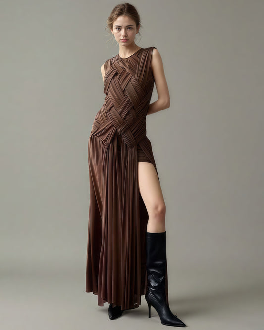 Coffee Sleeveless Knotted Ruched Maxi Dress - SISPELL