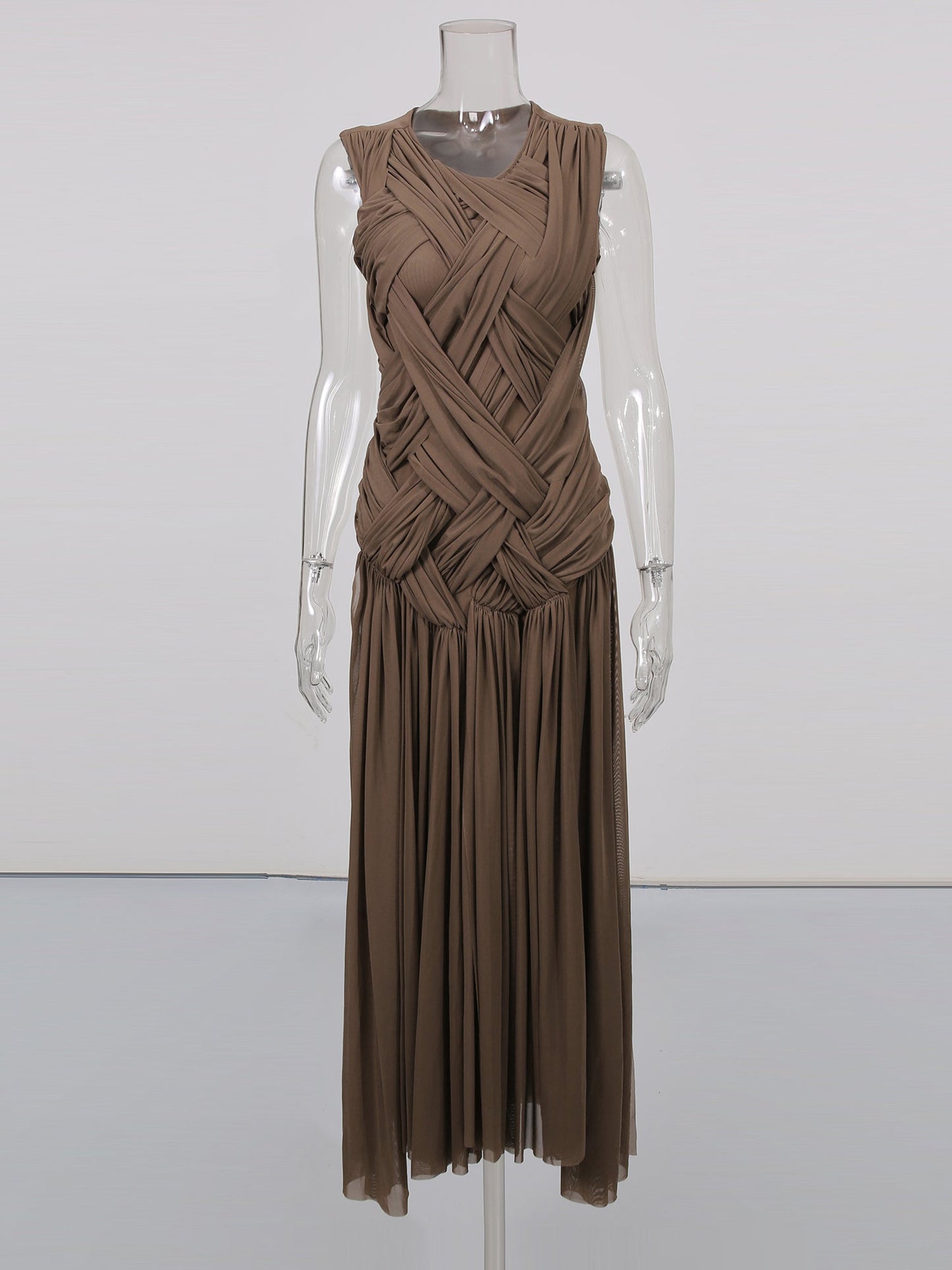 Coffee Sleeveless Knotted Ruched Maxi Dress - SISPELL