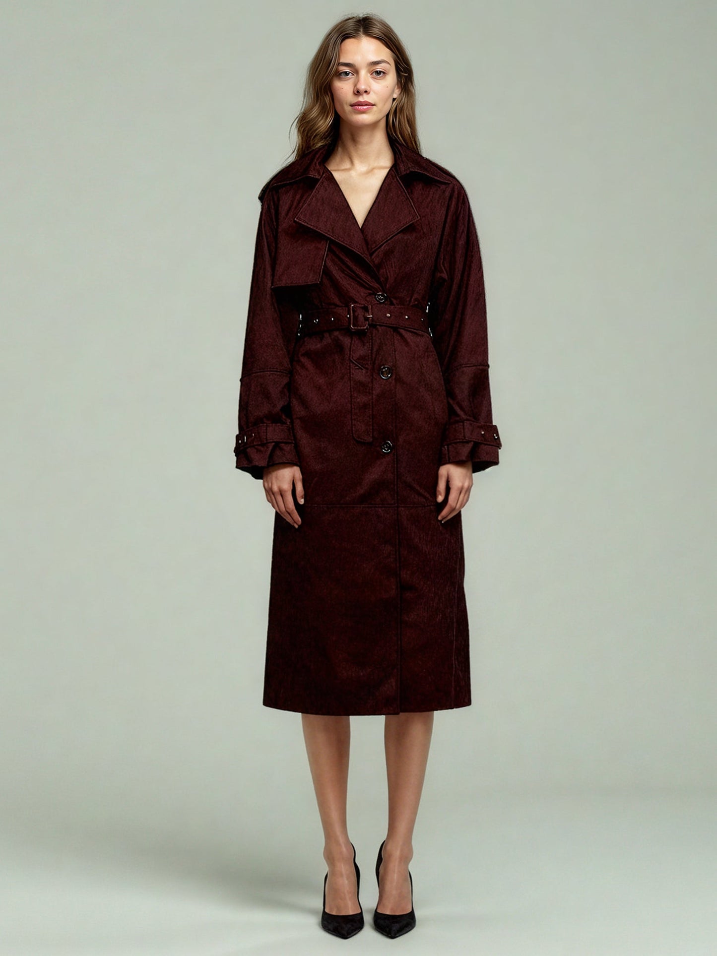 Coffee Suede Long Trench Coat with Belted Waist - SISPELL