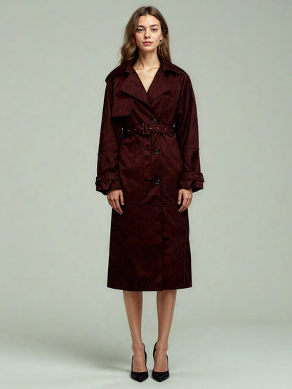 Coffee Suede Long Trench Coat with Belted Waist - SISPELL