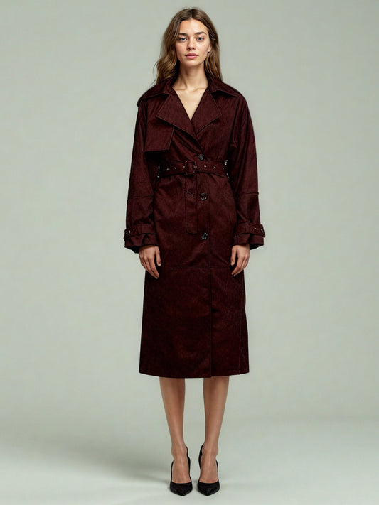 Coffee Suede Long Trench Coat with Belted Waist - SISPELL