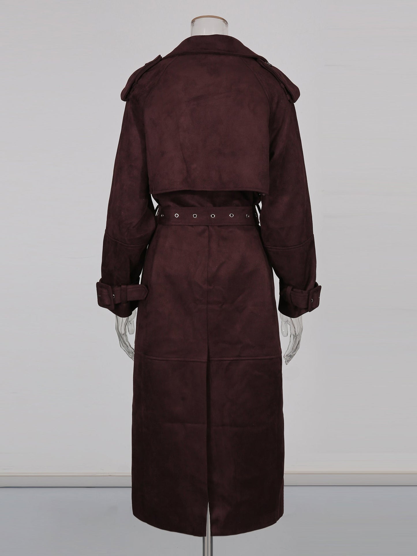 Coffee Suede Long Trench Coat with Belted Waist - SISPELL
