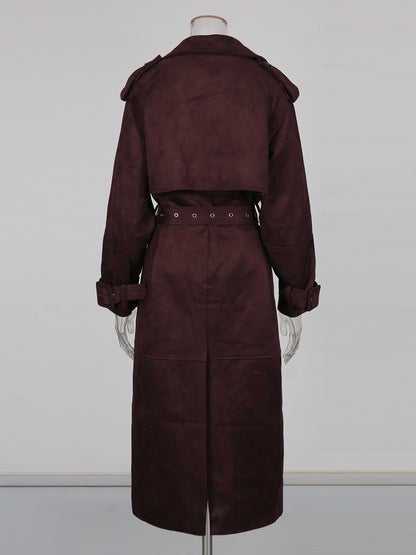 Coffee Suede Long Trench Coat with Belted Waist - SISPELL