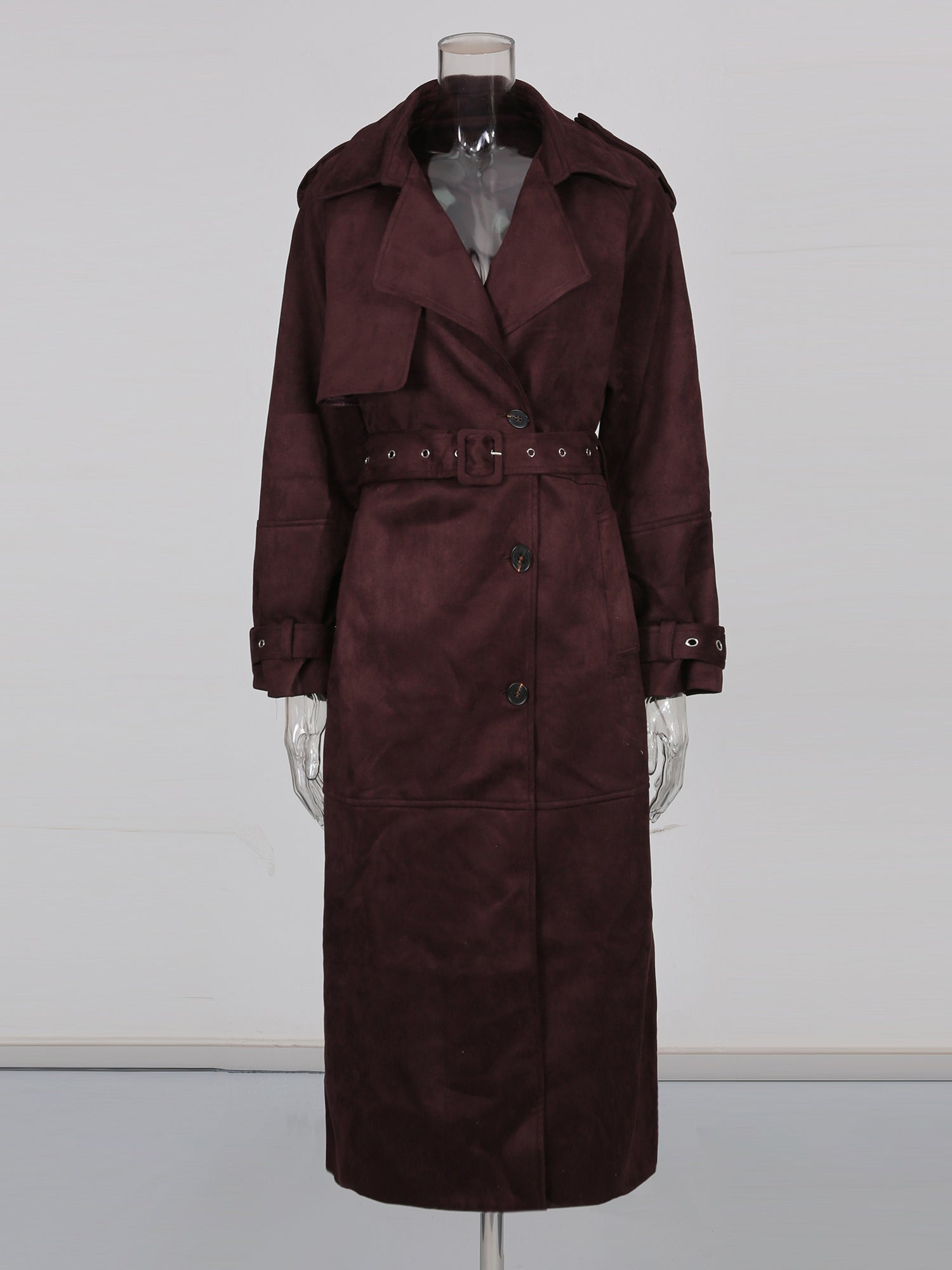 Coffee Suede Long Trench Coat with Belted Waist - SISPELL