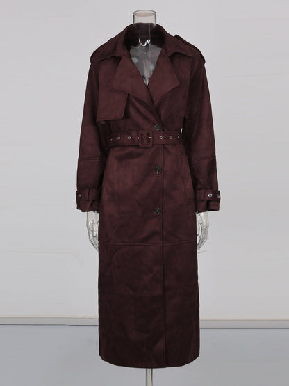 Coffee Suede Long Trench Coat with Belted Waist - SISPELL