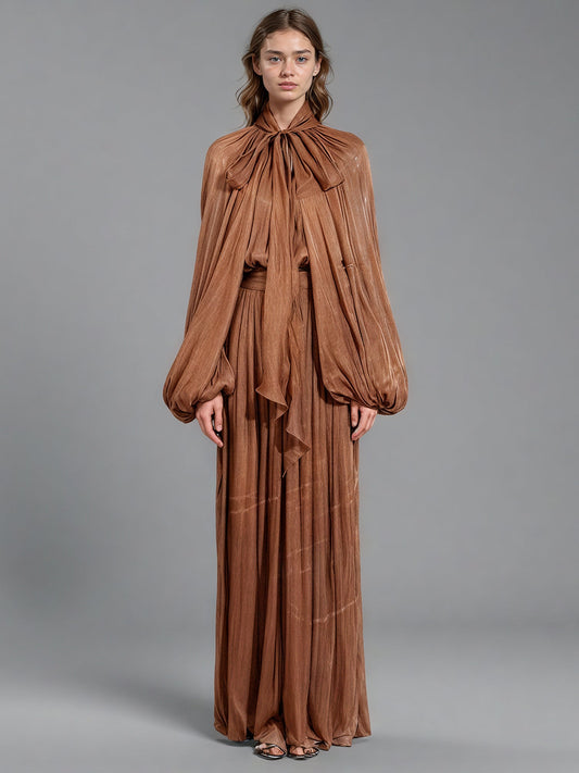 Coffee Tie Neck Puff Sleeve Maxi Dress - SISPELL