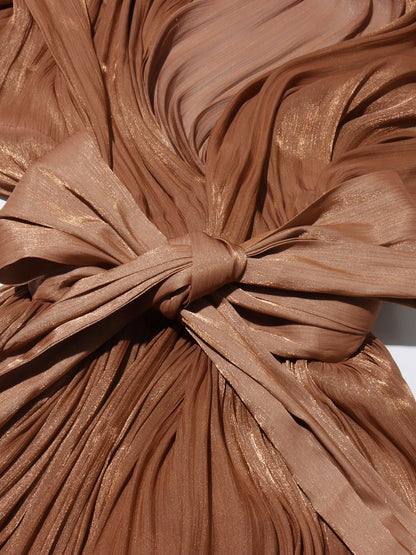 Coffee Tie Neck Puff Sleeve Maxi Dress - SISPELL