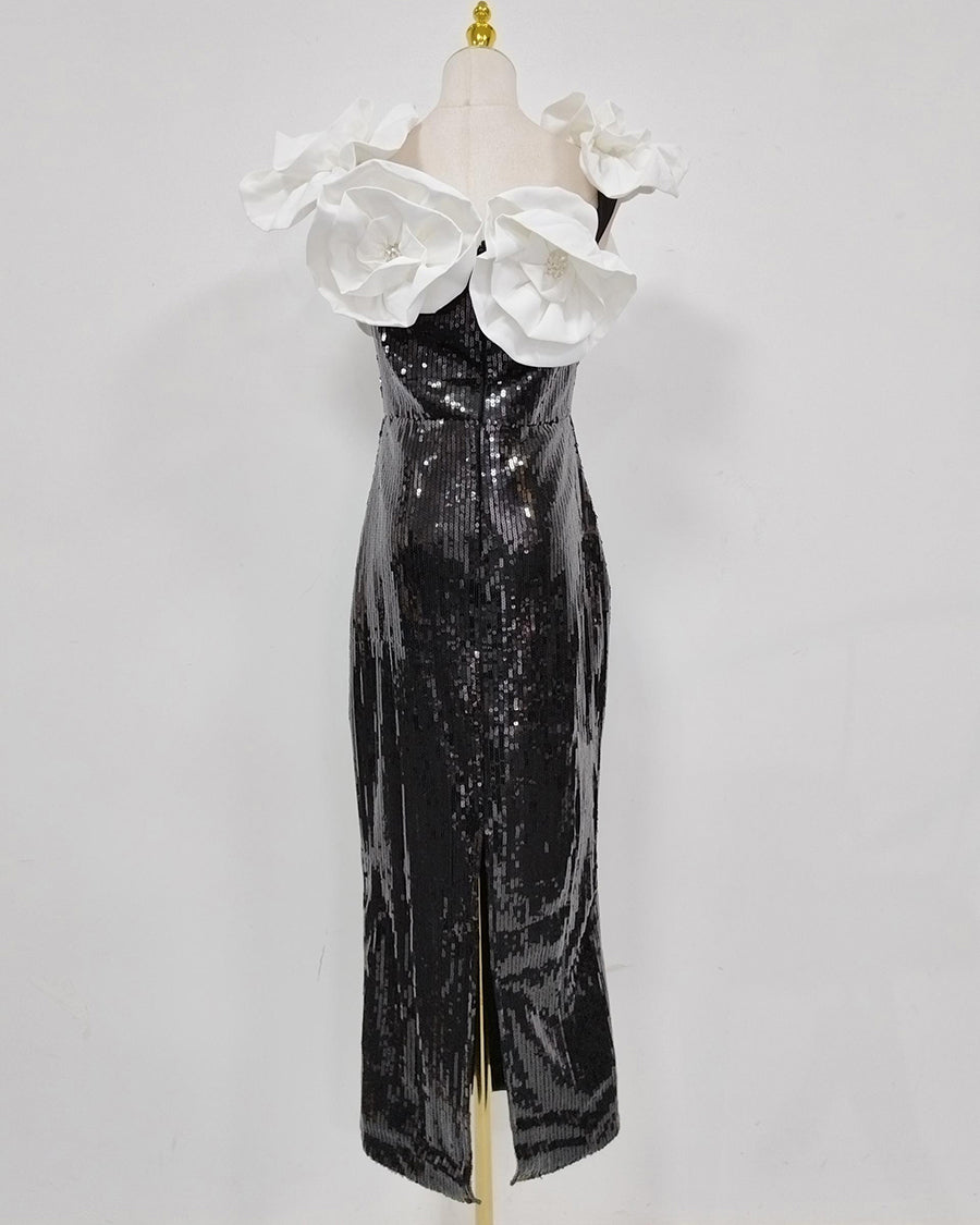 Black & White Contrast 3D Floral Sequin Midi Dress