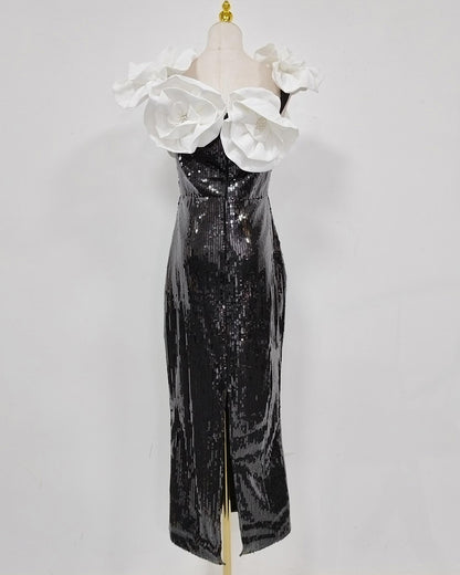 Black & White Contrast 3D Floral Sequin Midi Dress