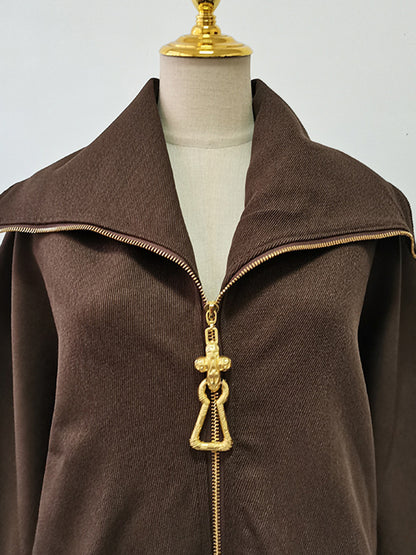Chic Coffee Zip - Up Jacket with Gold Hardware