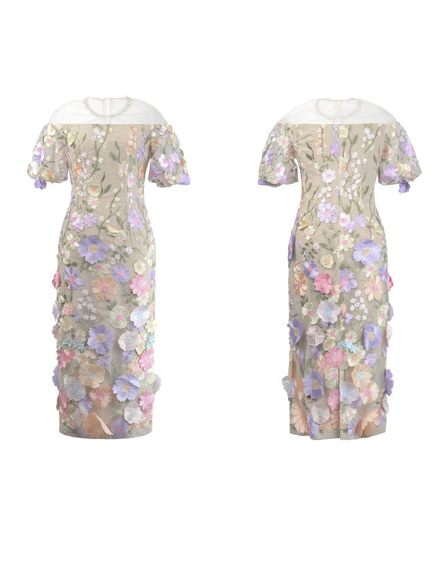 Patchwork Flower Mesh Midi Dress