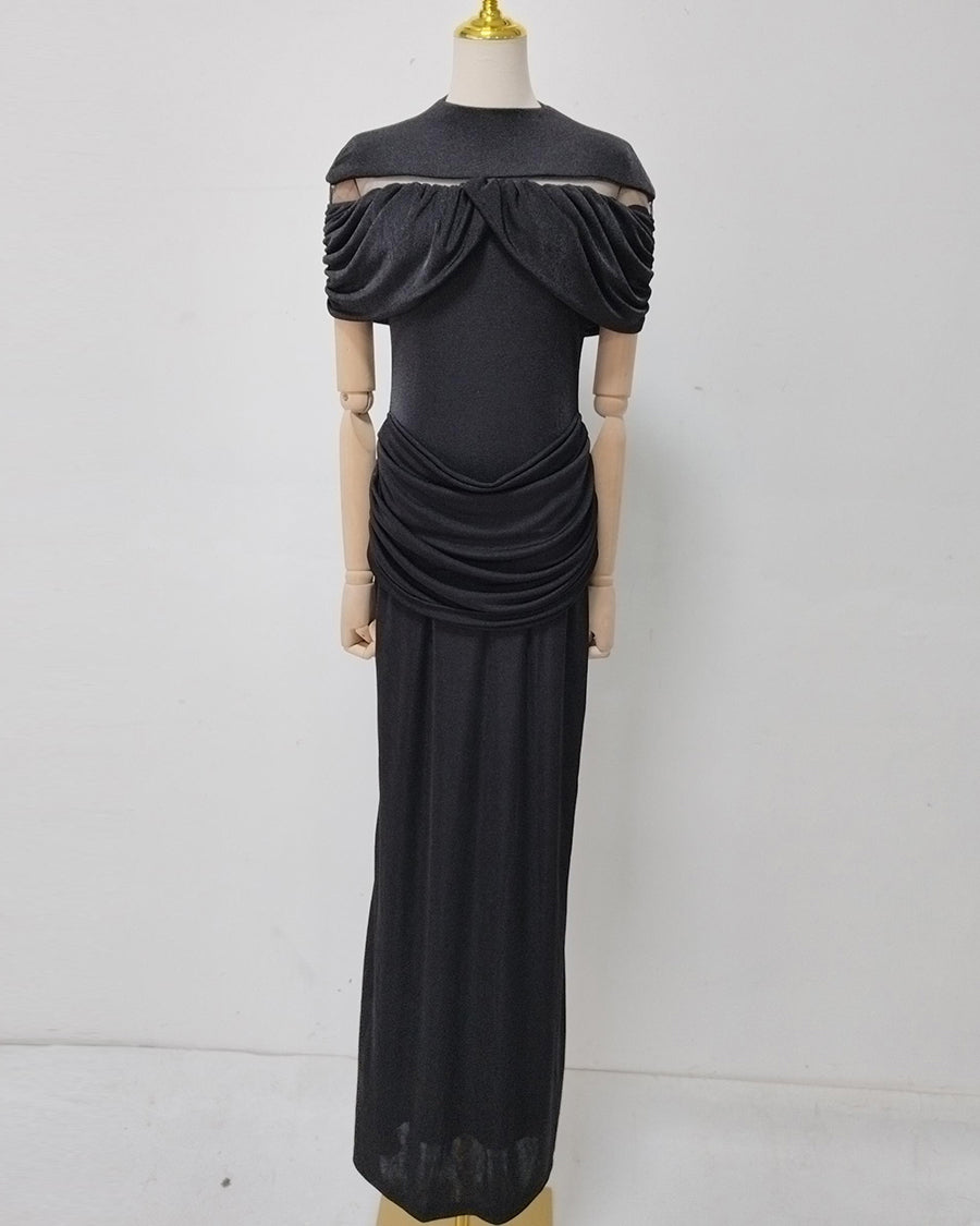 Black Off-Shoulder Ruched Bodycon Maxi Dress