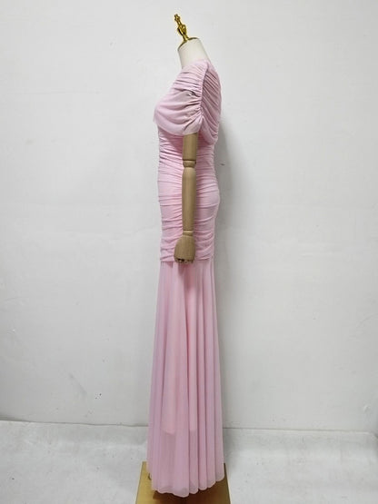 Pink Ruched Waist Draped Maxi Dress