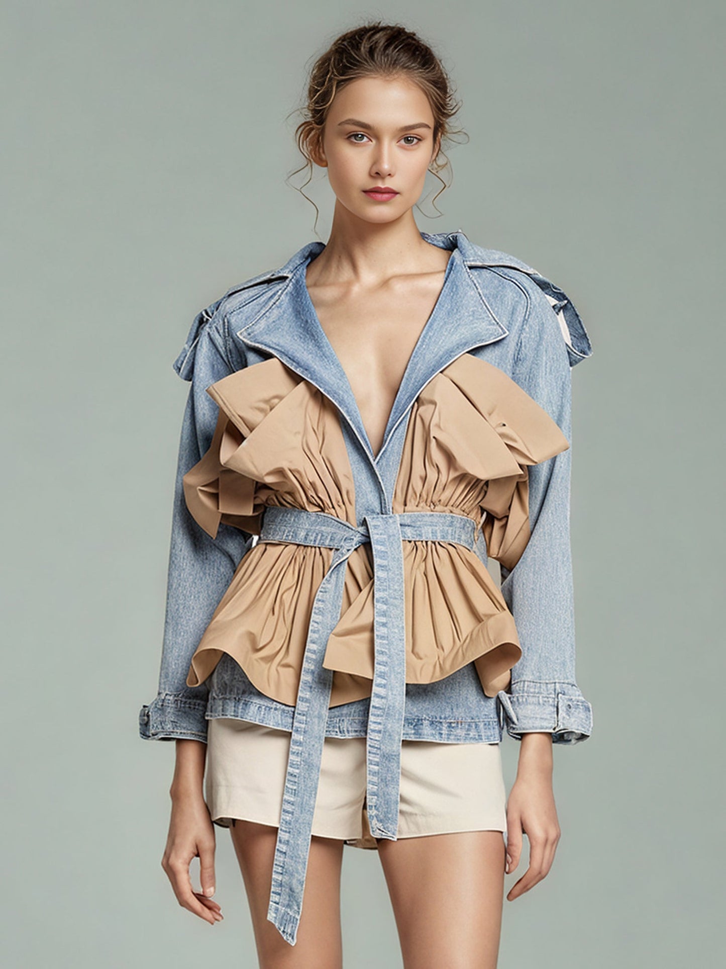 Denim & Khaki Ruffled Belted Jacket - SISPELL
