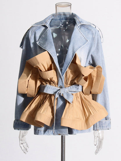 Denim & Khaki Ruffled Belted Jacket - SISPELL