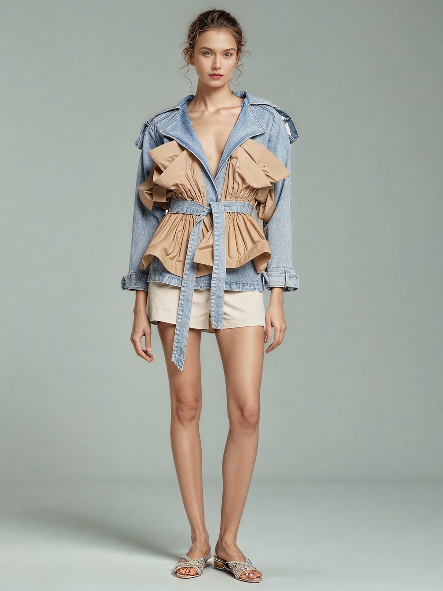 Denim & Khaki Ruffled Belted Jacket - SISPELL