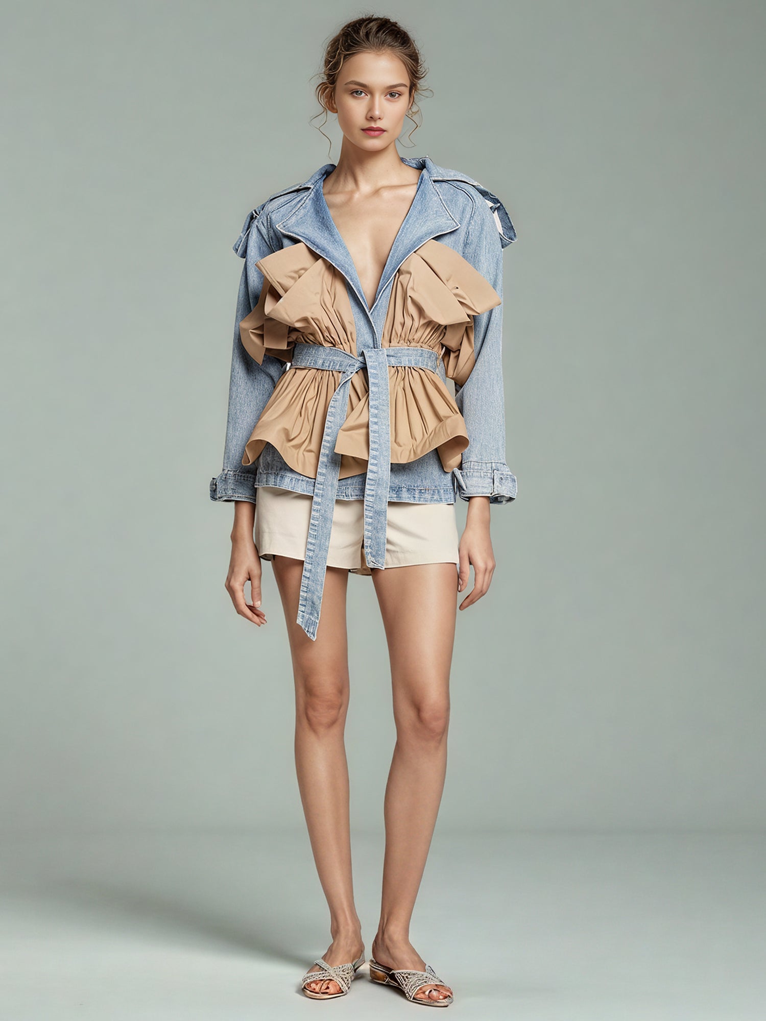 Denim & Khaki Ruffled Belted Jacket - SISPELL